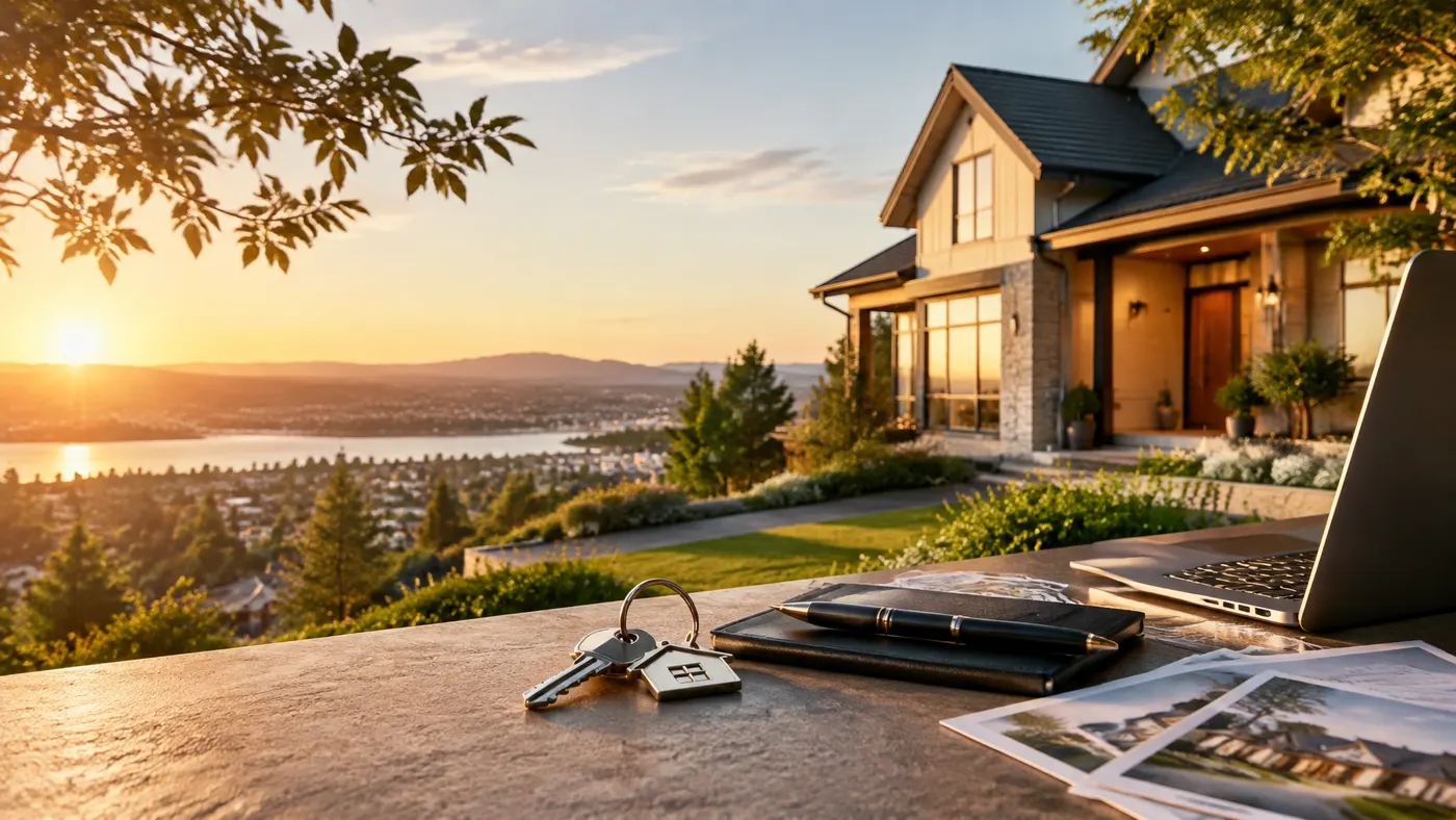 A sunlit home overlooking a lakeside neighbourhood, with keys and a property notebook in the foreground